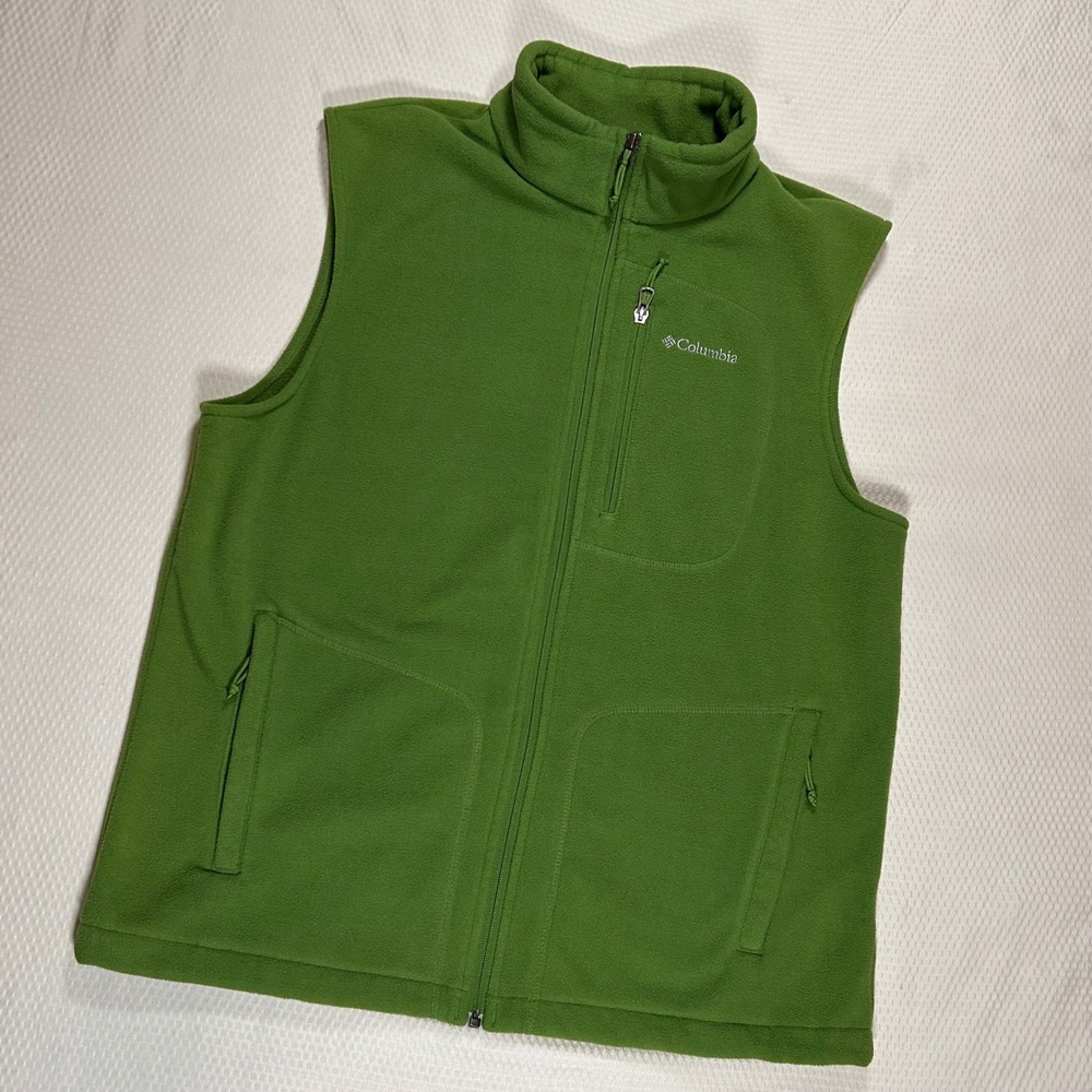 Columbia Fleece Full Zip Vest Mens L Jacket Mock Neck Green Outdoor Hiking Layer